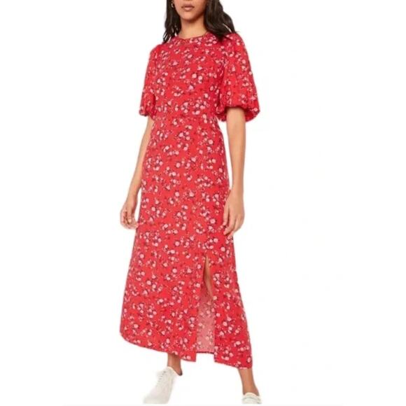 Old Navy Dresses & Skirts - Old Navy Floral Maxi Dress Womens XXL Tall Red Puff Sleeve Open Back Front Slit